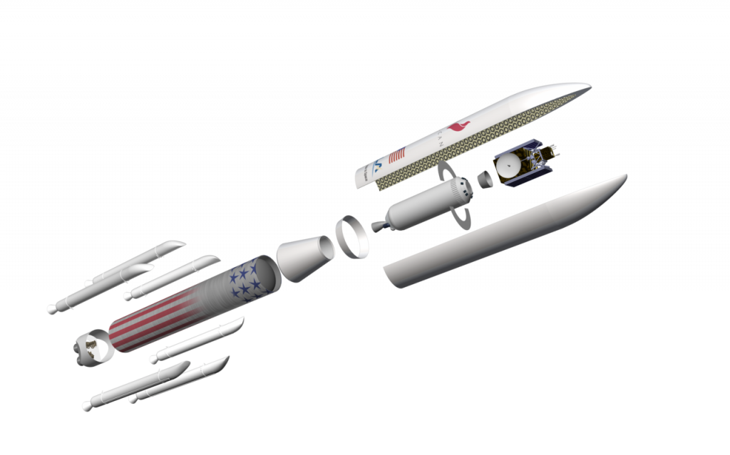 Компоновка ракеты Vulcan Centaur (схема) в конфигурации с шестью твердотопливными ускорителями и облегченным разгонным блоком (с одним двигателем) под длинным обтекателем / ©ULA