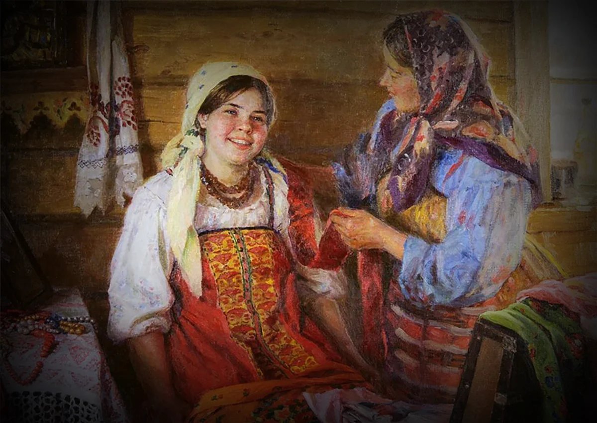 Произведения шили. Федот Васильевич Сычков (1870 -1958): "Калужские крестьянки". Сычков Федот Васильевич подружки. Федот Васильевич Сычков Мяльщицы льна. Федот Сычков художник.