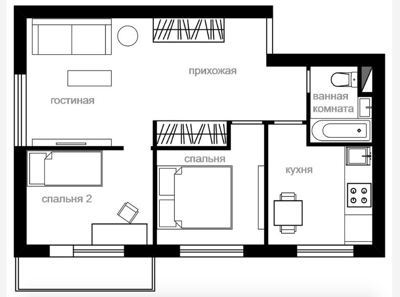 Проект хрущевки 2 комнаты