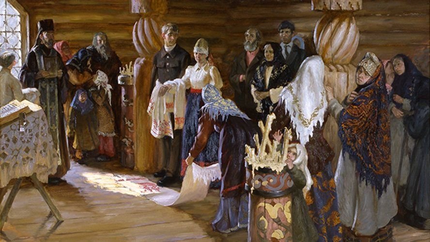 На переднем плане картины на фоне фигур ряженых с мазанными сажей лицами ярко выделяется девушка