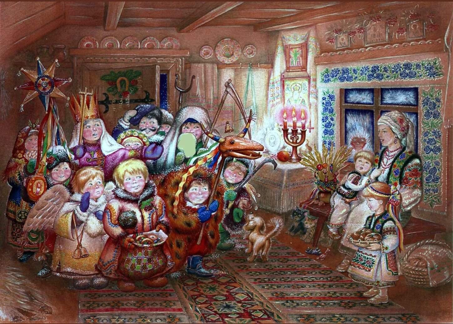 На переднем плане картины на фоне фигур ряженых