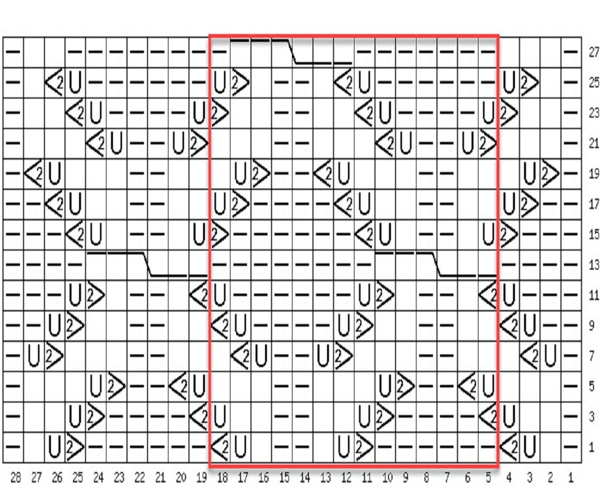 Узор спицами раппорт 14 петель