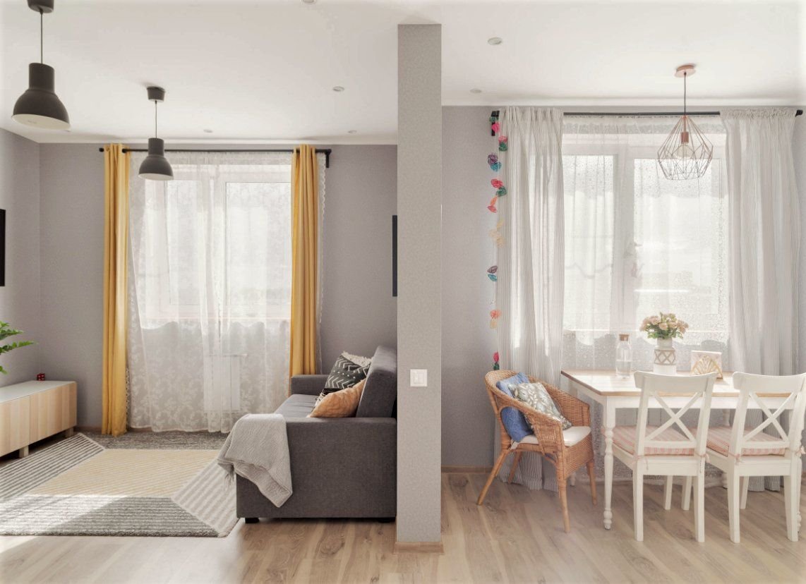 Планировка студии 28 кв. Зонирование кухни-гостиной 30 кв. М. Интерьер студии с двумя окнами. Студия 2 окна.