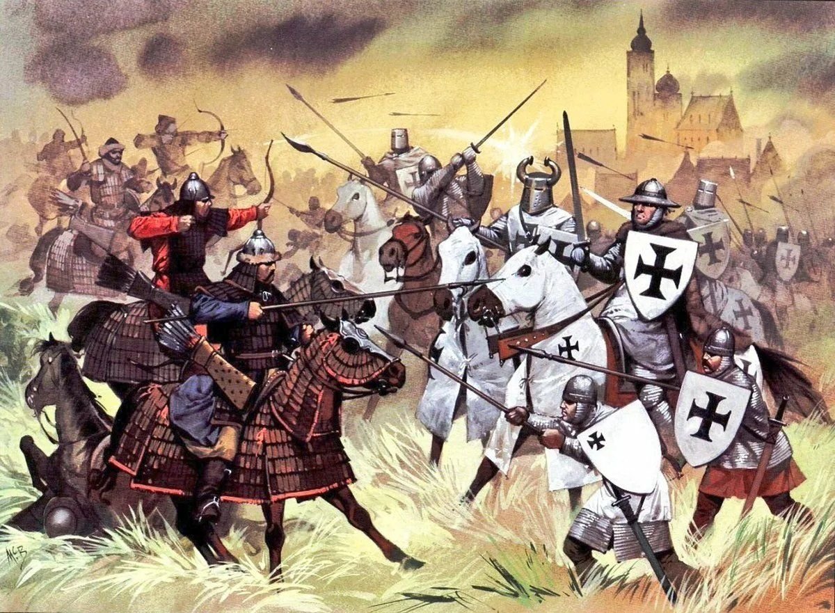 Хотя первый рейд монголов был направлен. Битва при Легнице 1241. Ангус МАКБРАЙД Монголы. Битва татаро монголов с рыцарями. Тевтонский орден Рыцари крестоносцы.