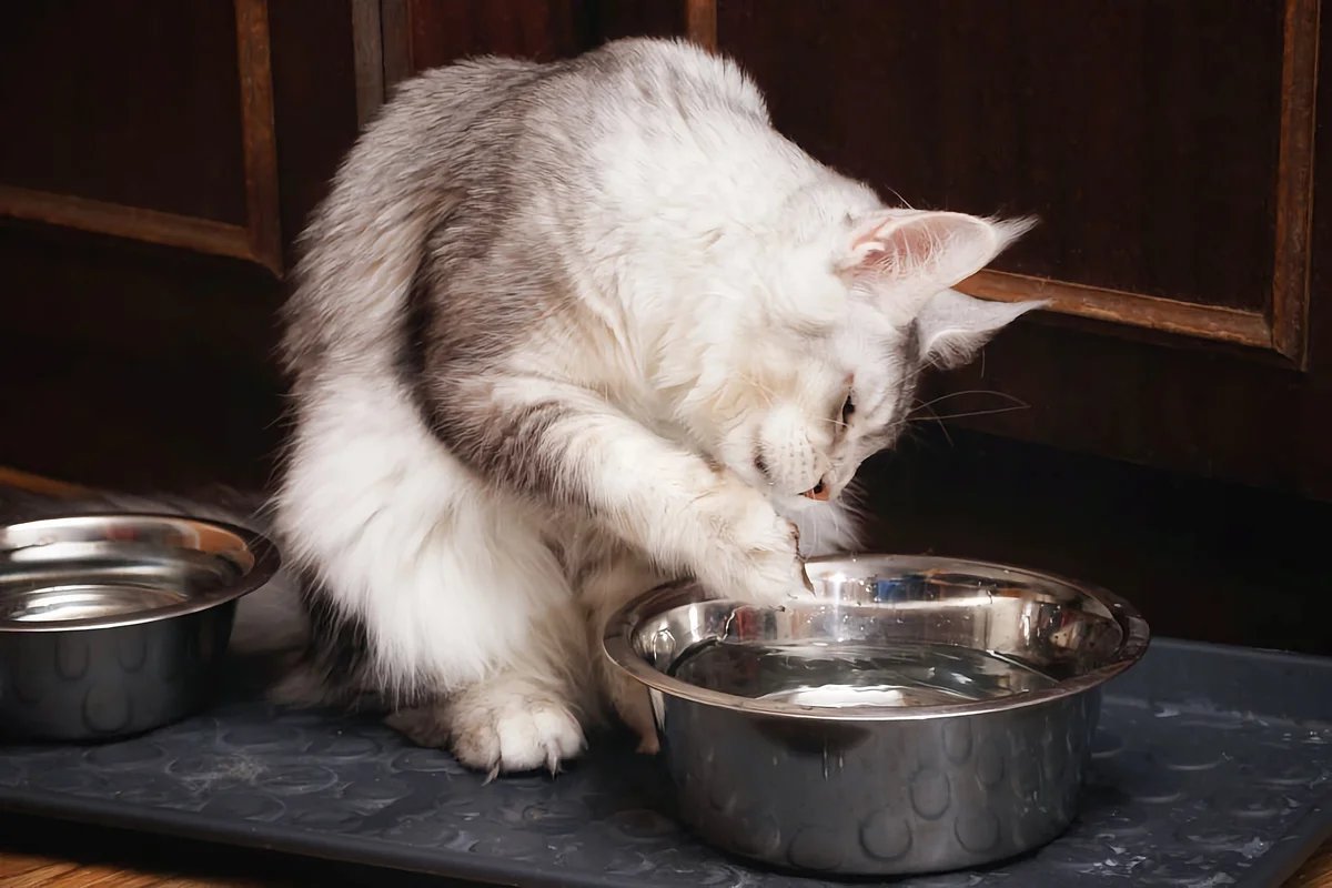 Кошка пила. Миски для воды для Мейн кунов. Вода в миске для кота. Кот лапа в миске. Мейн кун и вода.