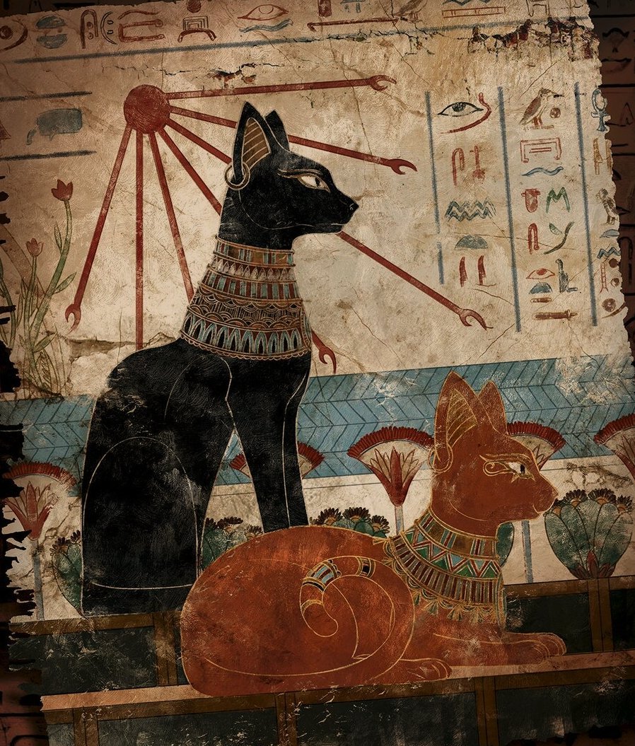 Кошка была приручена в древнем. Храм Богини Баст в Египте. Кошка Баст древний Египет. Египетская богиня Бастет фрески. Фрески древнего Египта Баст.