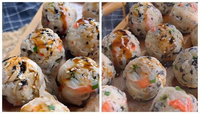 нигири суши круглые. ленивые суши. запеченные шарики с рисом. бенто с онигири. ленивые суши шарики.