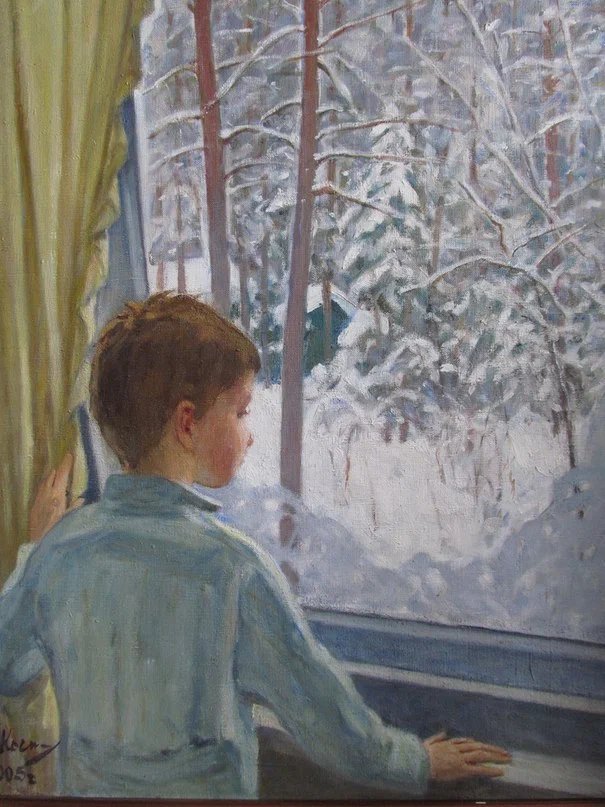 Мальчик смотрит в окно рисунок