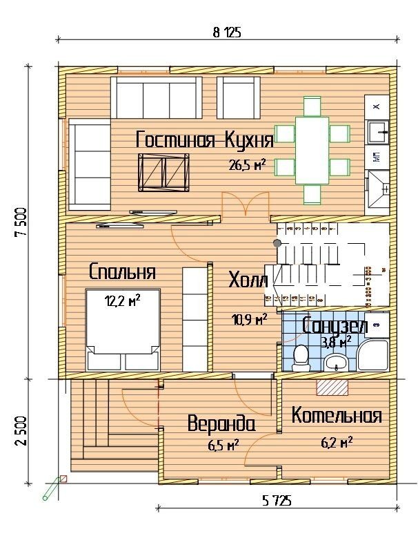 Проект дома из бруса 8х8 с котельной