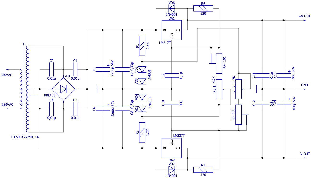 Схема двуполярного источника питания 15 вольт на транзисторах