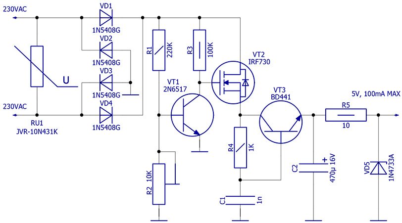 Маломощный сетевой бестрансформаторный 5-ти вольтовый блок питания ...