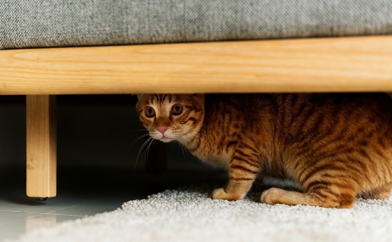 кошка стала спать под кроватью