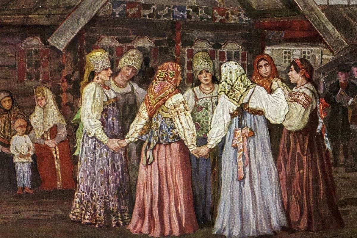 Свадьба в древней руси. Плотников Владимир Александрович (1866 - 1917). Плотников Владимир Александрович художник. Мясоедов художник смотрины невесты. Древняя Русь хоровод.