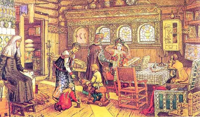 Повседневная жизнь 16 17 века. Васнецов Горница древнерусского дома. Светлица Русь 16 век. Горожане 15-16 века Русь. Быт горожан 17 века в России.