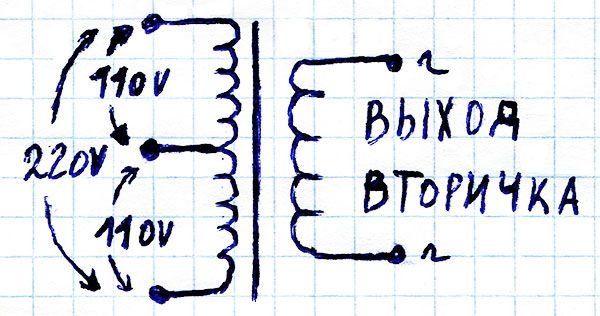 Первичная обмотка трансформатора рассчитана на разные напряжения 220V и 110V