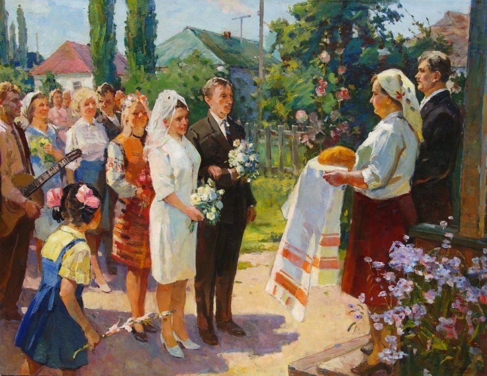 На картинке изображена веселая деревенская свадьба