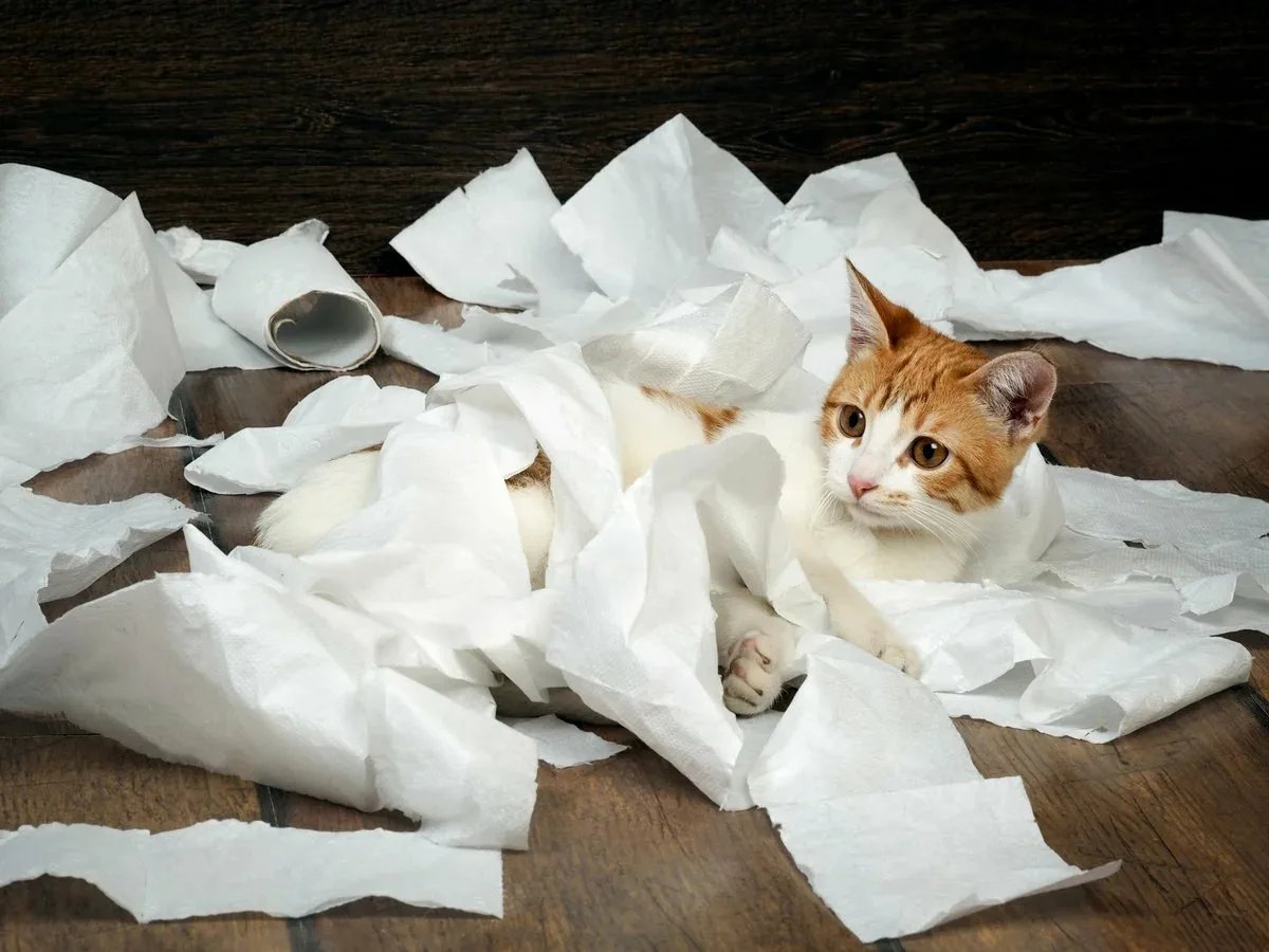 Котенок с туалетной бумагой