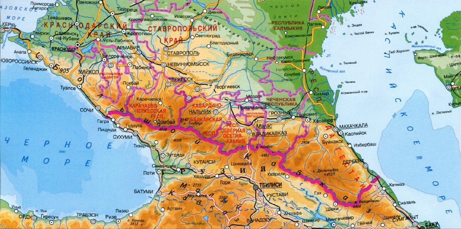 Точка горы кавказ. Горы Кавказ на карте России. Горы большой Кавказ на карте. Физическая карта Северного Кавказа. Кавказские горы на карте России географическая карта.