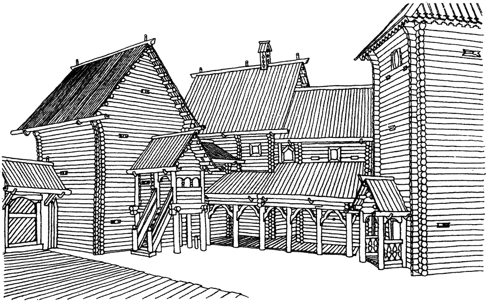 Рисунок деревянной архитектуры. Боярские хоромы в древней Руси. Боярские хоромы 17 век. Боярский Терем в древней Руси. Боярский двор 17 век на Руси.