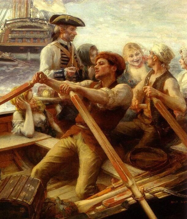 Пират взял на корабль кухарку. На абордаж. Пираты сражаются на кораблях между собой пушками. Возьмите на корабль. Пиратская баталия Старая картинка.