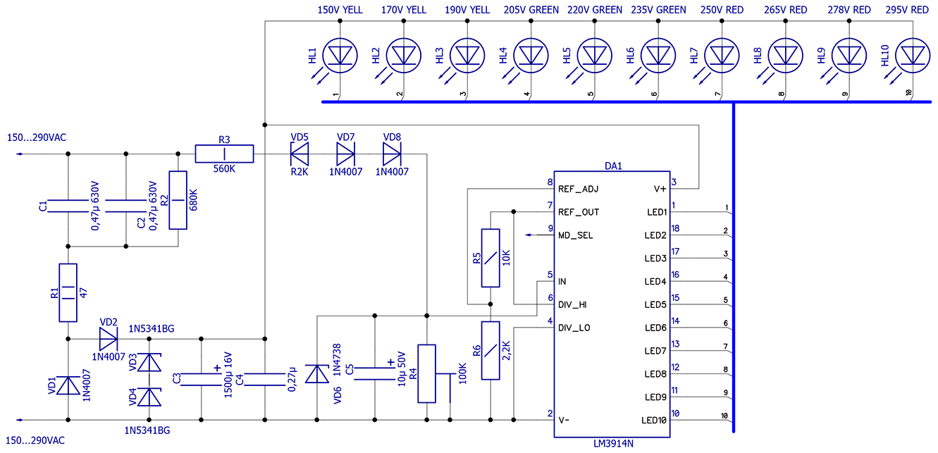 Схема светодиодного индикатора напряжения