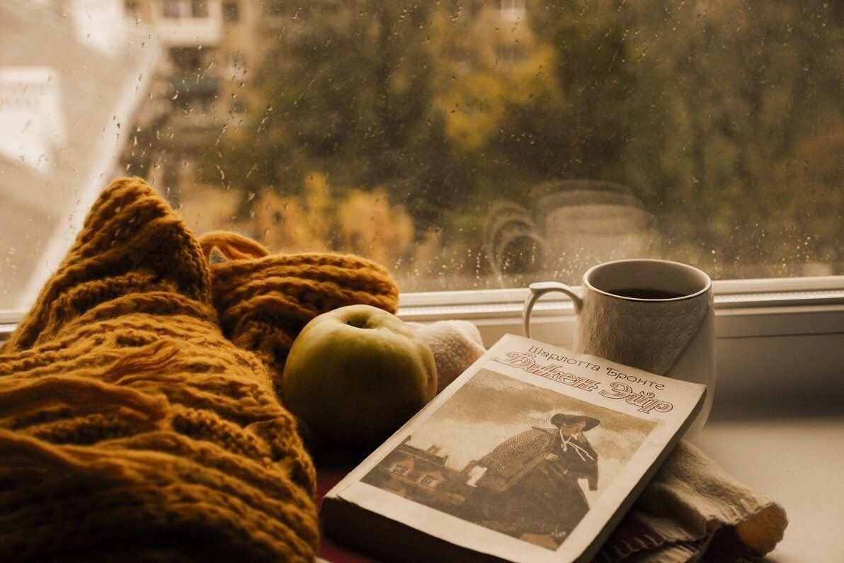 Утро туманно украшена снежинками книги. В пледе у окна. Уютная осень. Чай плед уют. Вечер плед чай.