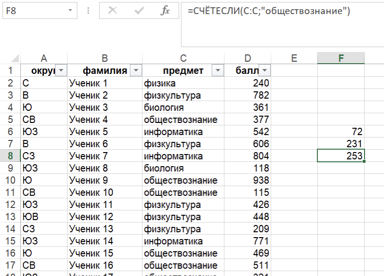 Пишем формулу для поиска учеников с обществознанием