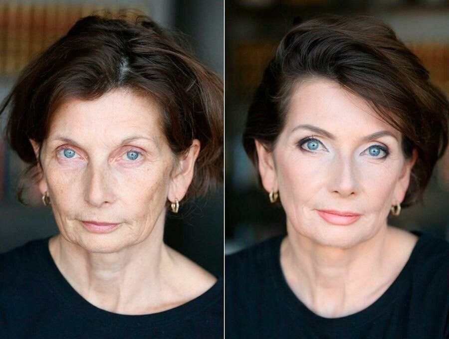 Попьет какое лицо. Возрастной макияж. Лифтинг макияж. Лифтинг макияж до и после. Макияж для возрастных женщин.