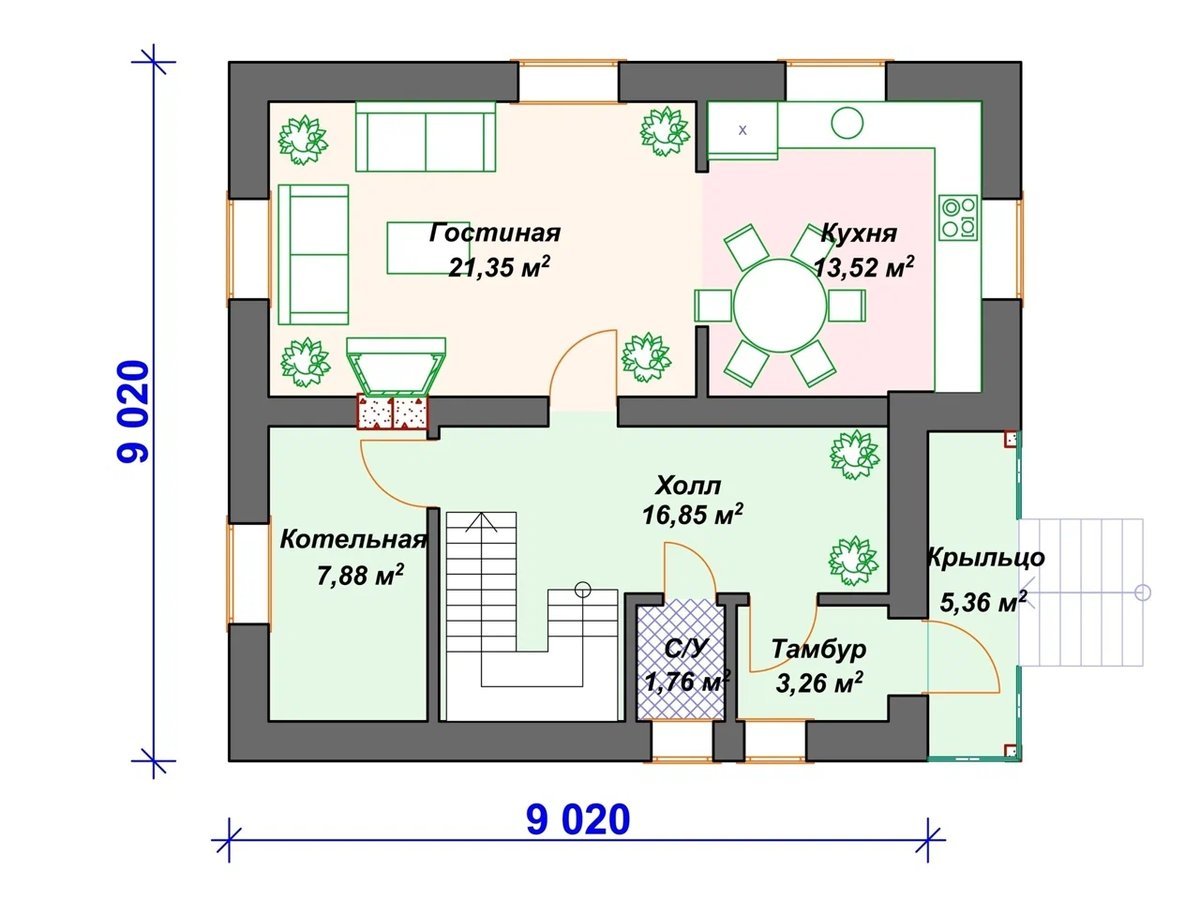 планировка одноэтажного дома с одной спальней и котельной