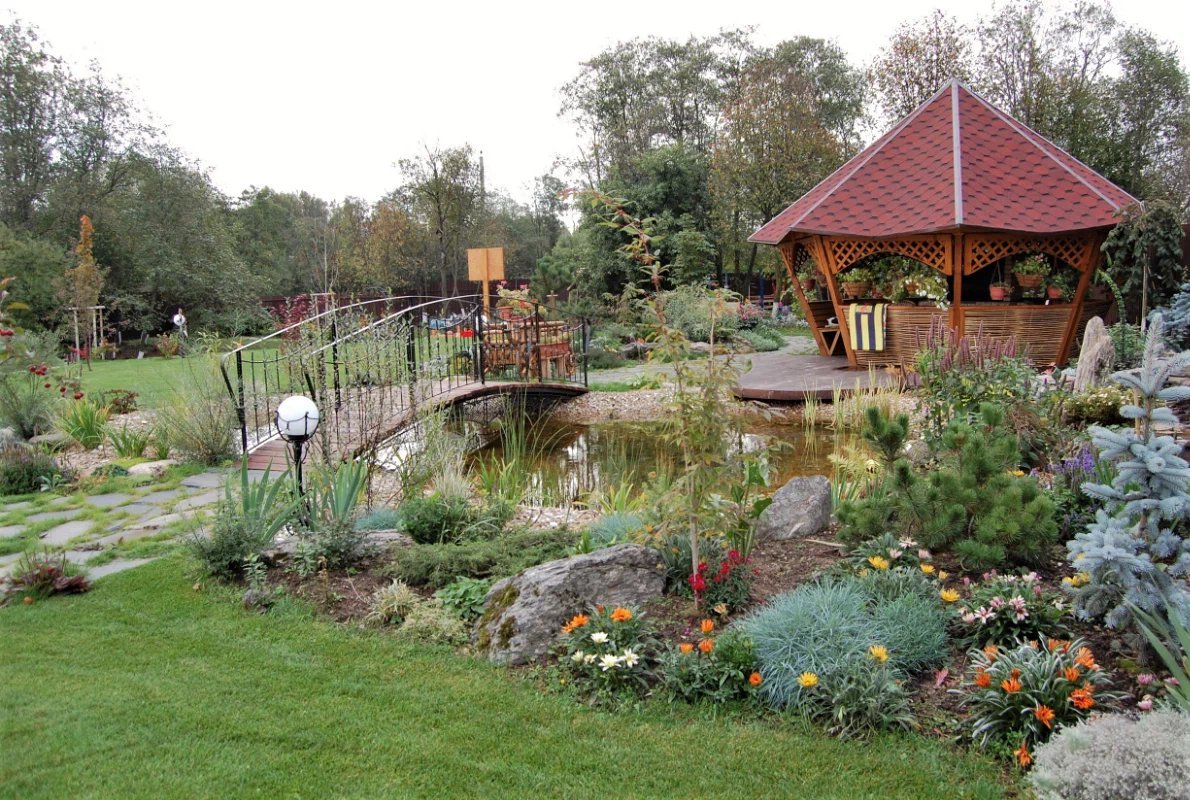 Обустройство дачного участка. Деревья на участке. Дачный участок. Зона патио с кострищем. Зона отдыха на дачном участке.