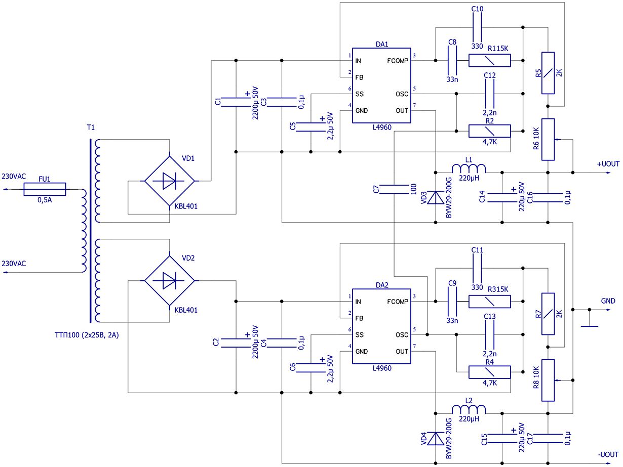 Схема двухполярного блока питания на 30 вольт