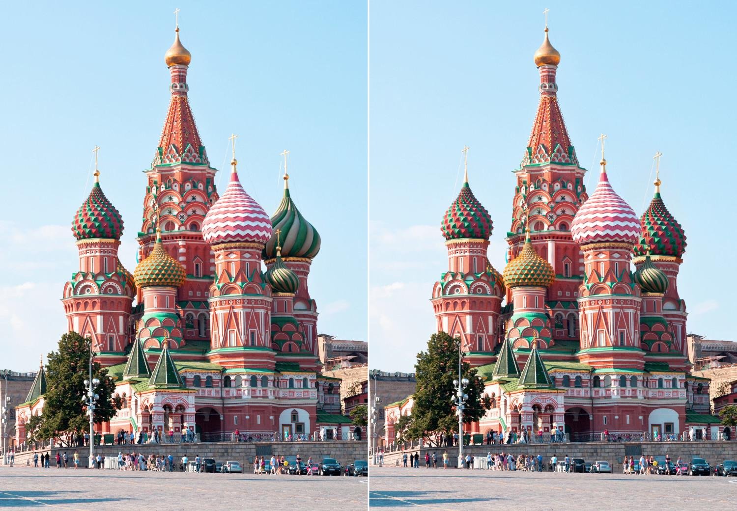 Фотографии отличаются. Собор Василия Блаженного в Питере и Москве. Храм в Питере похожий на собор Василия Блаженного. Храм Найди отличия. Найди отличия достопримечательности Москва.