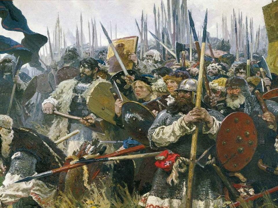 Куликовскую битву покажи. Картина Бубнова утро на Куликовом поле. 1380 Куликовская битва.