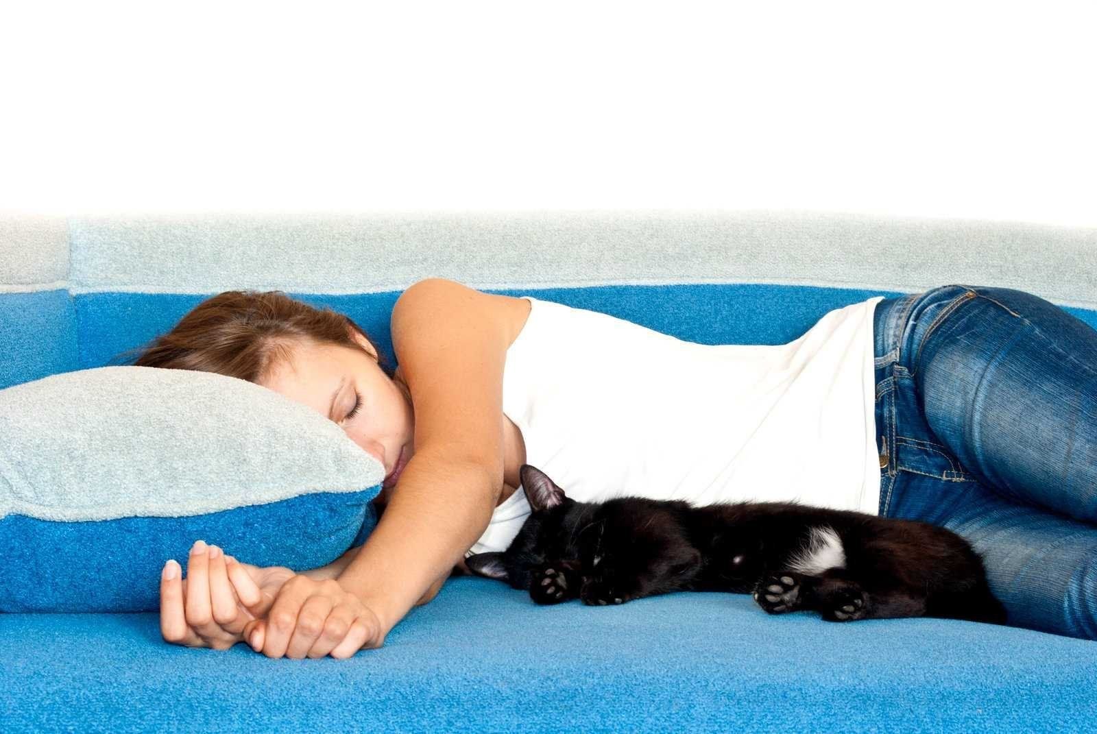 Приучить спать в кровати. Девушка с котом на диване. Девочка с котом фото.