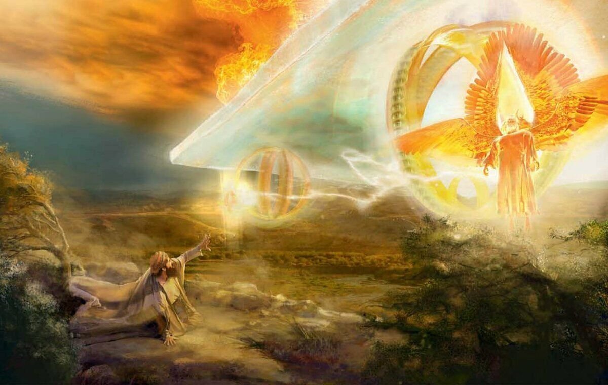 Аудиокнига пришествие бога. Колесница Бога Иезекииль. Иезекииль видение Бога. Пророк Иезекииль 1, 10.. Херувим ангел свидетели Иеговы. Небесная колесница Иезекииль.