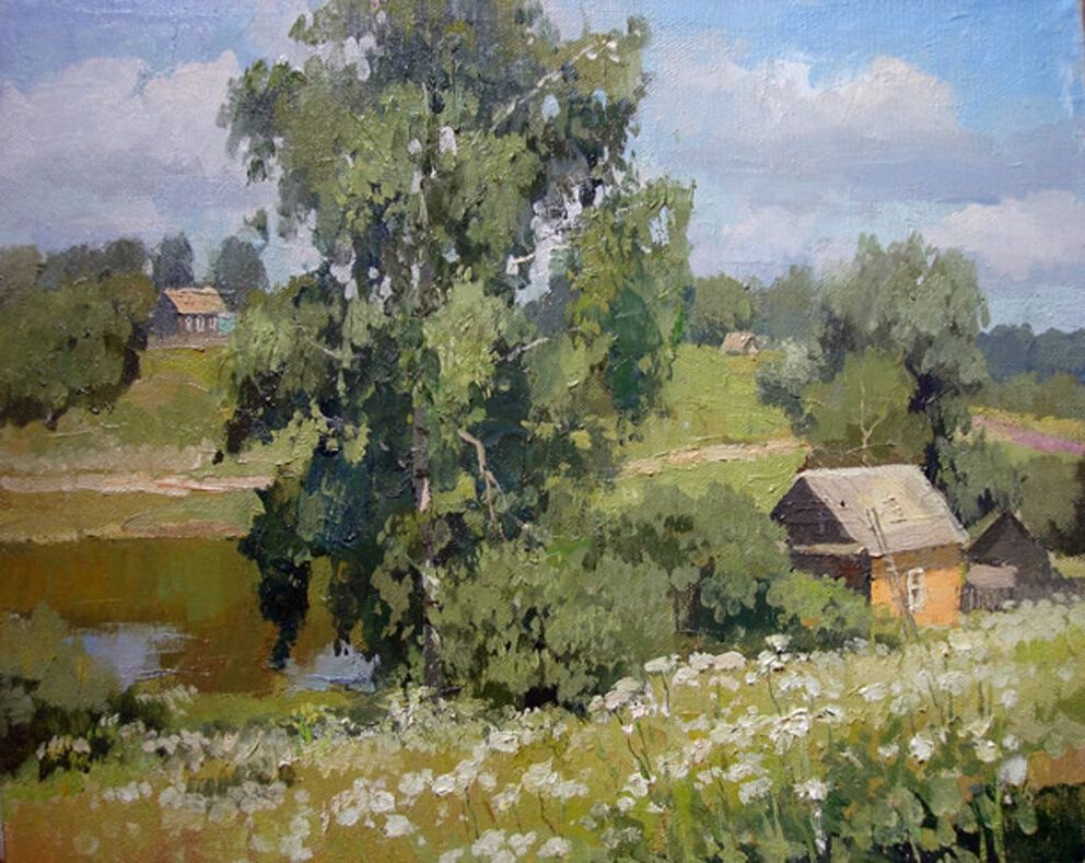 Деревня летом картина маслом