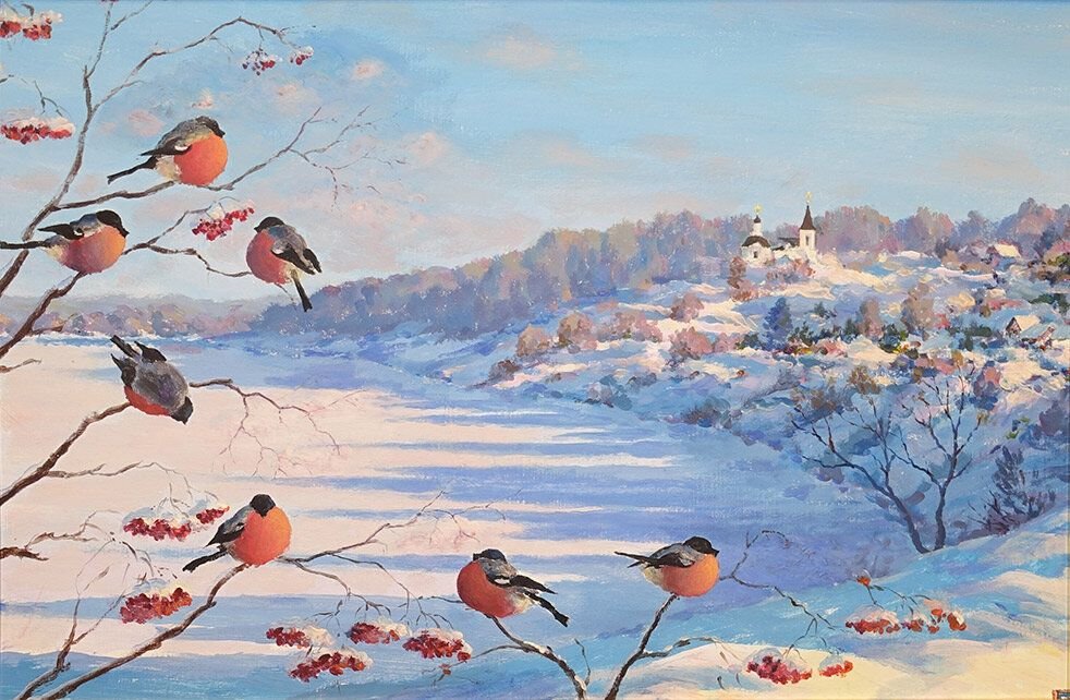 картины зимние птицы. снегирь федоскино. майстренко геннадий художник. картина птицы. Cynthie fisher художник.