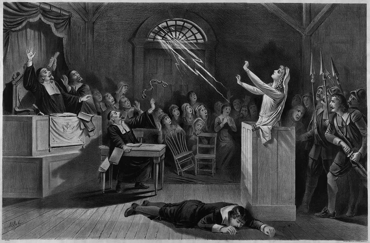 Уголовное наказание история. Салем охота на ведьм 1692. Пуритане Салем. Гравюра суд салемских ведьм.