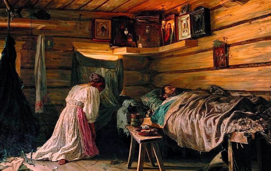 Прощание с избой. В.М.Максимов - Крестьянская изба 1869.