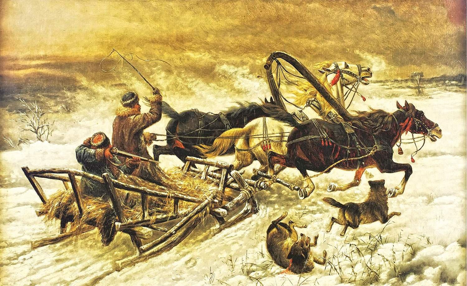 Картина нападение. Сани-Кибитка 19 века.