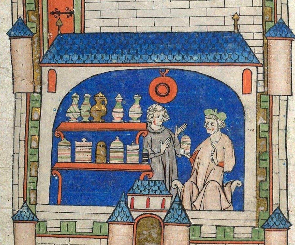 Средневековая миниатюра Лавка аптекаря