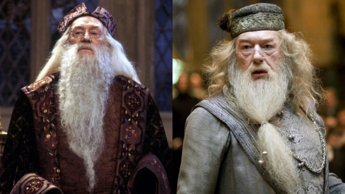 ричард харрис и майкл гэмбон. ричард харрис и майкл гэмбон. майкл гэмбон в роли дамблдора. ричард харрис альбус дамблдор. дамблдора играли разные.