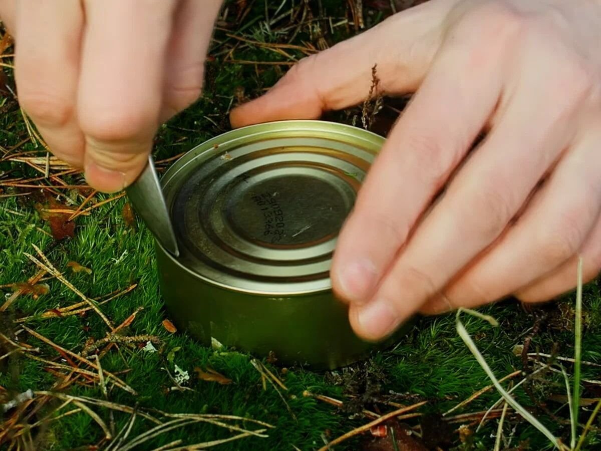 Вскрытая банка консервов. Открывашка для шпрот. Банка шпрот. Способы открытия консервной банки без открывашки. Консервная банка в руке.