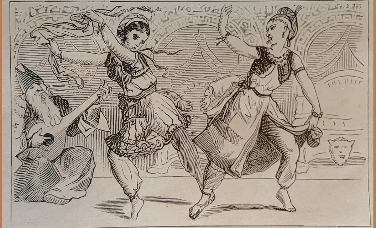 Плясать перед. Два пляшут гравюра. Рисунок танцующей девушки Саха. Танцы перед чумаками рисунок. Танец персидских рабов рисунок.