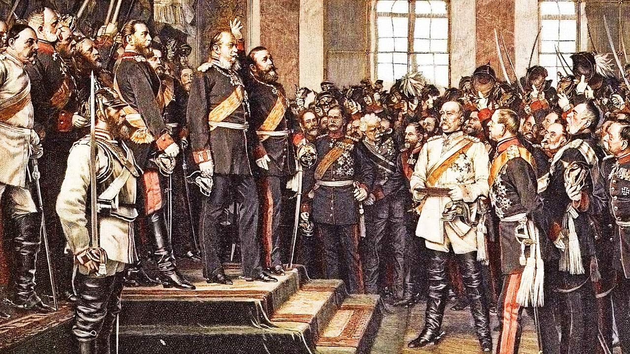 Право пруссии. Германская Империя 1871. Провозглашение германской империи 1871. Бисмарк провозглашение германской империи. Провозглашение Германии империей.