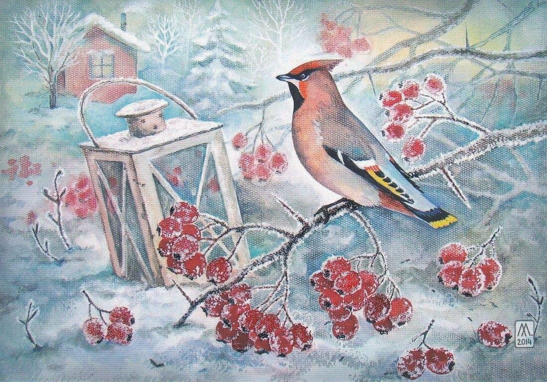 Картины со снегирями и рябиной