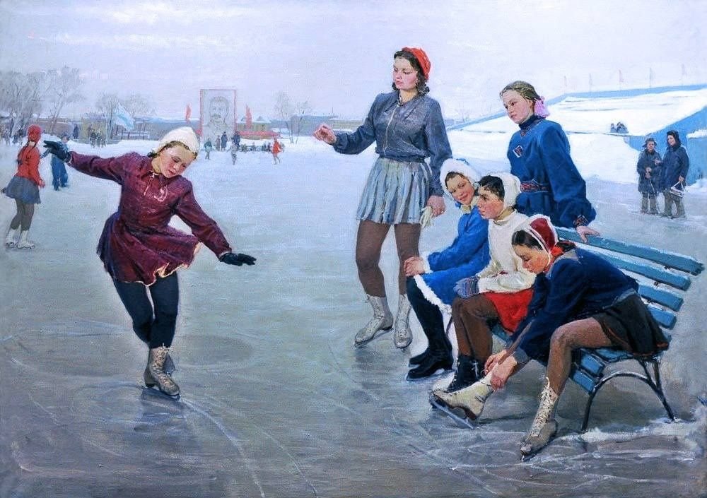 Во что одета девушка на картине спор