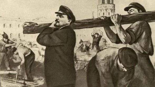 Ленин несет бревно картина