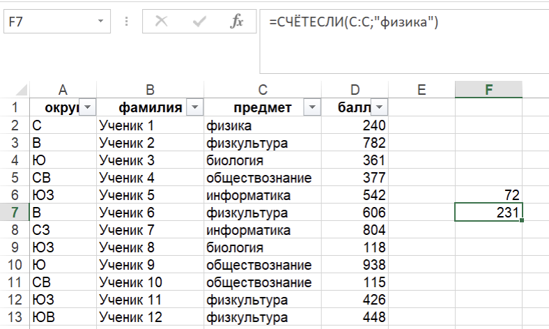 Пишем формулу для поиска учеников с физикой