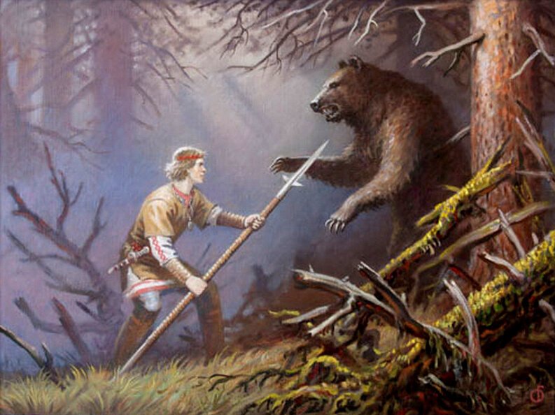 Кома медведь у славян. Охота на медведя с рогатиной. Охота с рогатиной. Охота на медведя с рогатиной на Руси. Копьё-Рогатина (рожон.